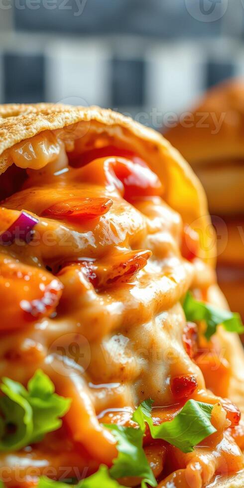 Delicious wrap filled with savory ingredients and a rich sauce served up in a cozy restaurant photo
