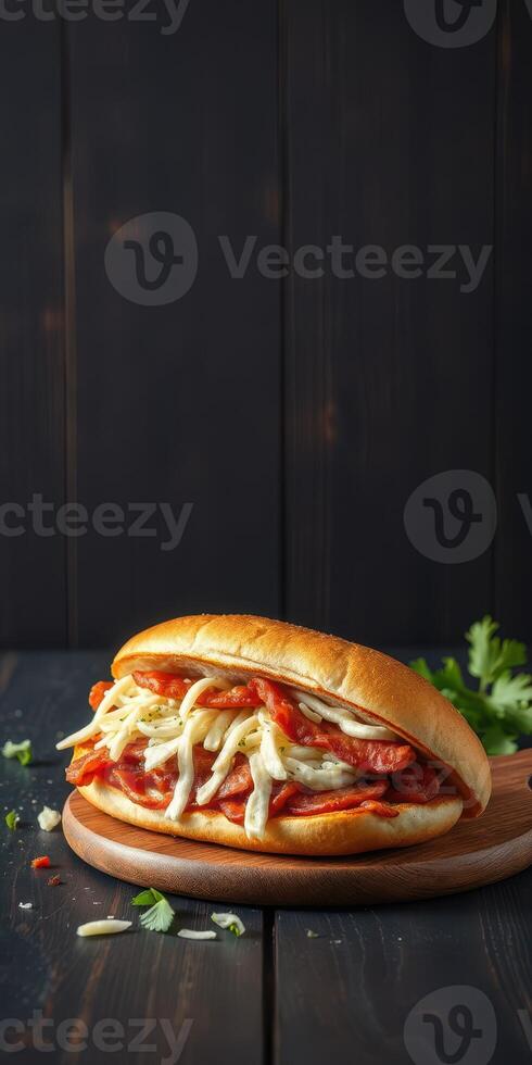Delicious sandwich filled with savory ingredients resting on a wooden board photo