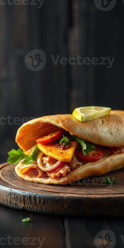Delicious flatbread filled with grilled chicken, fresh vegetables, and a lime wedge in a dark setting photo