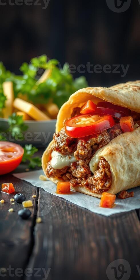 Delicious burrito filled with seasoned meat, fresh vegetables, and creamy sauce displayed on a rustic wooden table photo