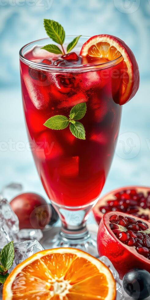 Refreshing red drink garnished with mint and citrus, surrounded by fresh fruits on ice photo