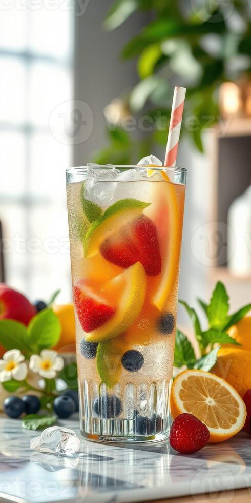 Refreshing fruit beverage with colorful slices and mint, served in a tall glass during bright daylight photo