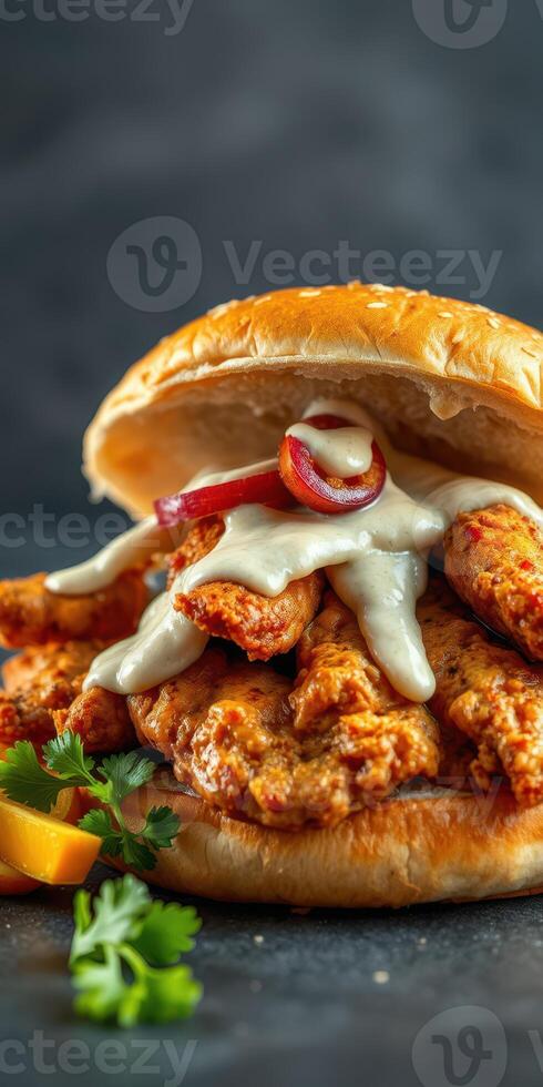 Crispy fried chicken sandwich topped with creamy sauce and garnished with fresh herbs on a dark background photo
