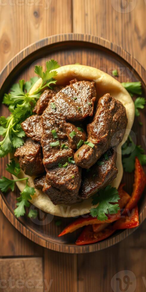 Flavorful beef dish served on flatbread with fresh herbs and grilled peppers photo