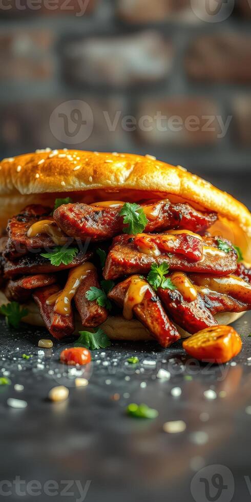 Mouthwatering sandwich piled with tender grilled meat, sauce, and fresh herbs served on toasted bread photo