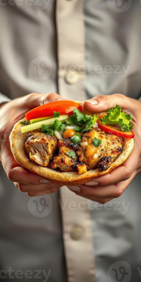 Grilled chicken wrap filled with fresh vegetables served in a cozy setting at a local eatery photo