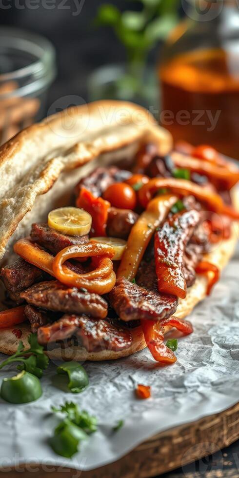 Savory grilled meat sandwich filled with colorful peppers and fresh herbs on a wooden board photo