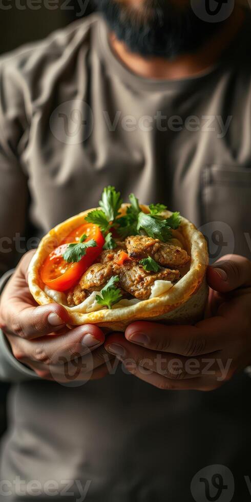 Delicious wrap filled with spiced meat and fresh vegetables in a cozy setting photo