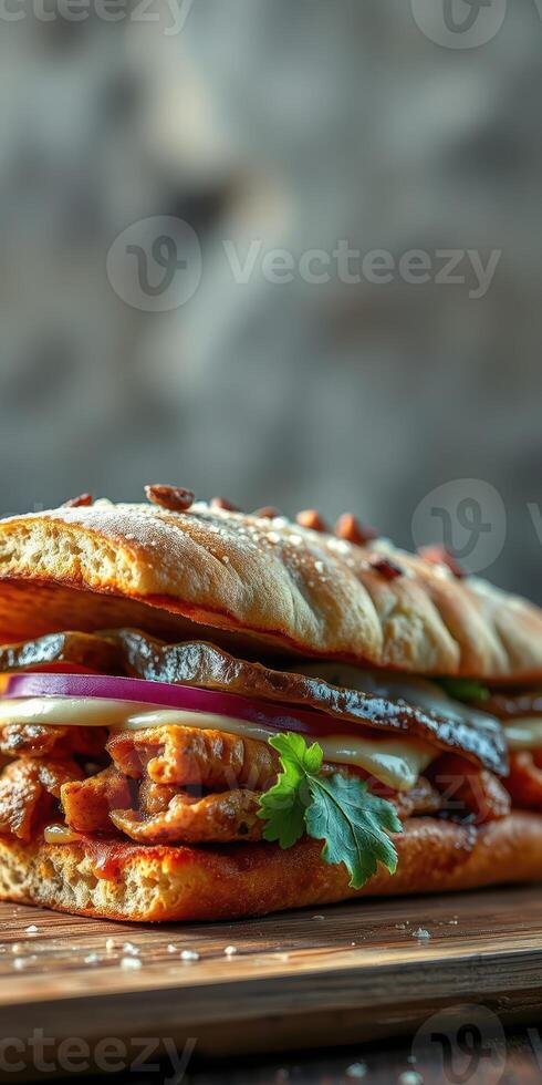 Delicious sandwich with grilled meat and fresh toppings served on a wooden board in a rustic setting photo