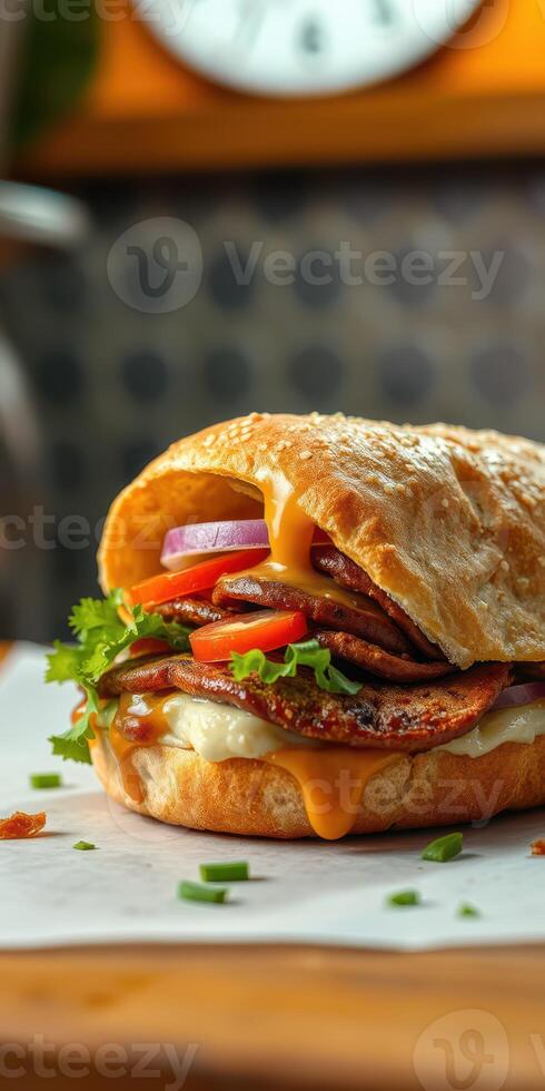 Delicious sandwich with layers of vegetables, cheese, and roasted meat on a wooden table photo
