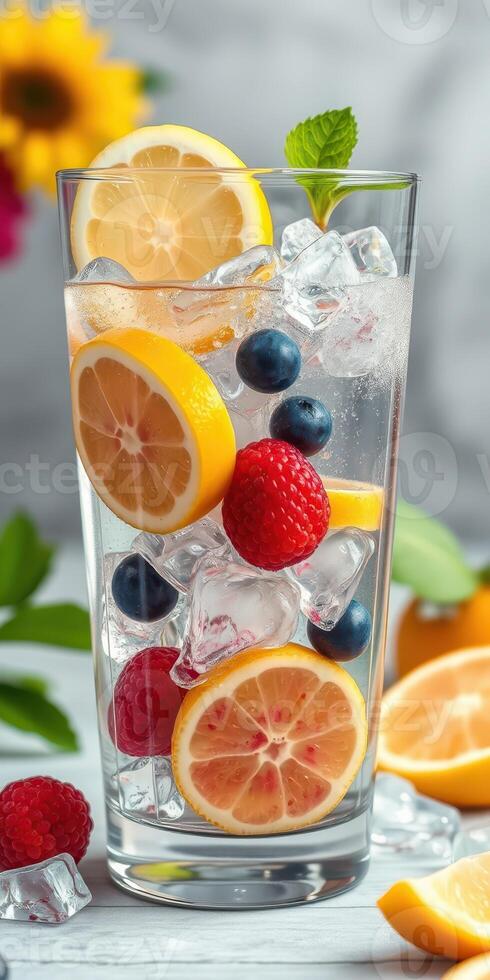 Refreshing fruit-infused drink with ice and vibrant colors on a table photo