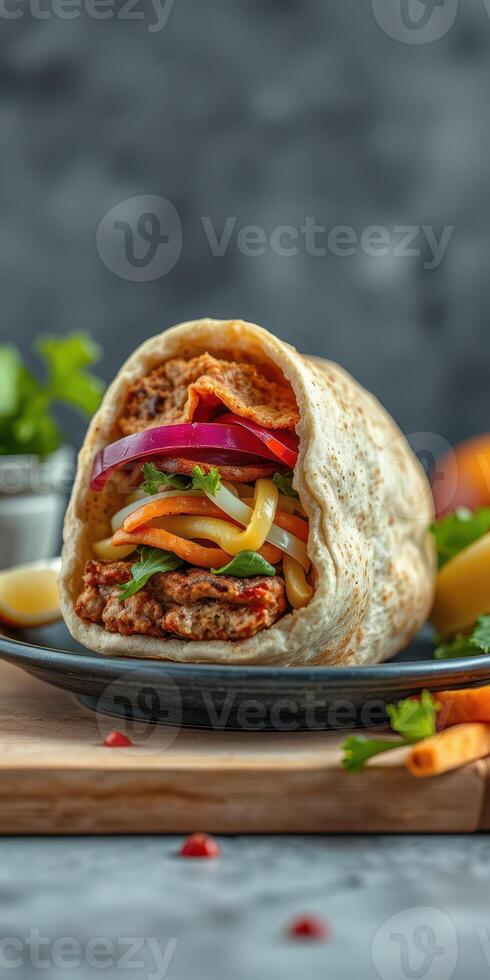 Delicious wrap filled with chicken, fresh vegetables, and spices on a wooden board photo