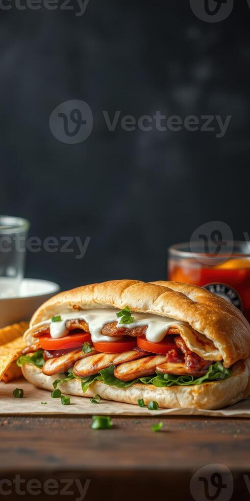Freshly prepared sandwich with grilled chicken and vegetables served on a wooden table photo