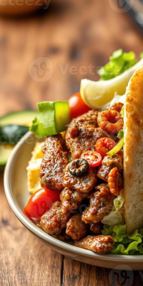 Grilled meat served with fresh vegetables and pita on a rustic wooden table during lunchtime photo