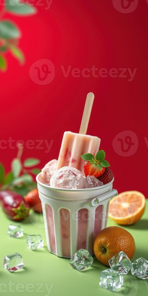 Delightful dessert featuring colorful ice cream and fruity popsicle in a charming bowl against a vibrant backdrop photo