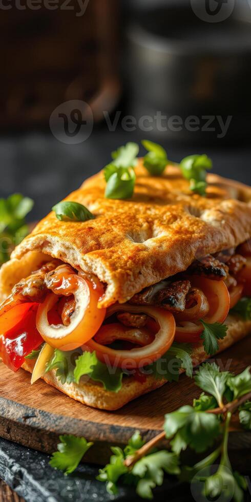 Delightful sandwich with fresh vegetables and herbs served on a wooden board in a cozy setting photo