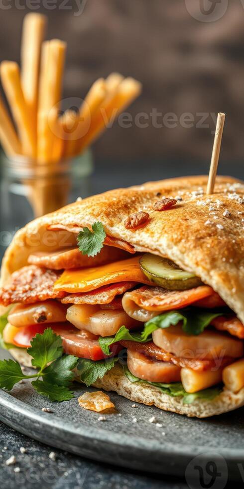 Delicious sandwich stacked with fresh vegetables and savory meats served on a plate with crispy fries in the background photo