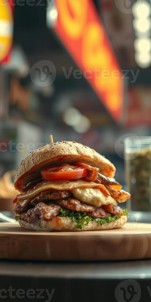 Delicious sandwich stacked with layers of meat, cheese, and fresh vegetables in a vibrant eatery setting photo