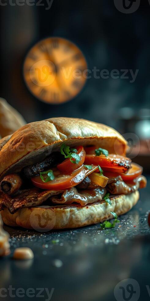 Flavorful sandwich with various toppings served in a cozy setting with a clock in the background photo