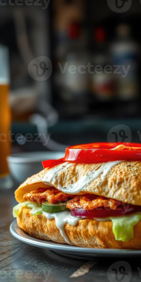 Delicious sandwich stacked with fresh ingredients served with a cold beverage in a cozy setting photo