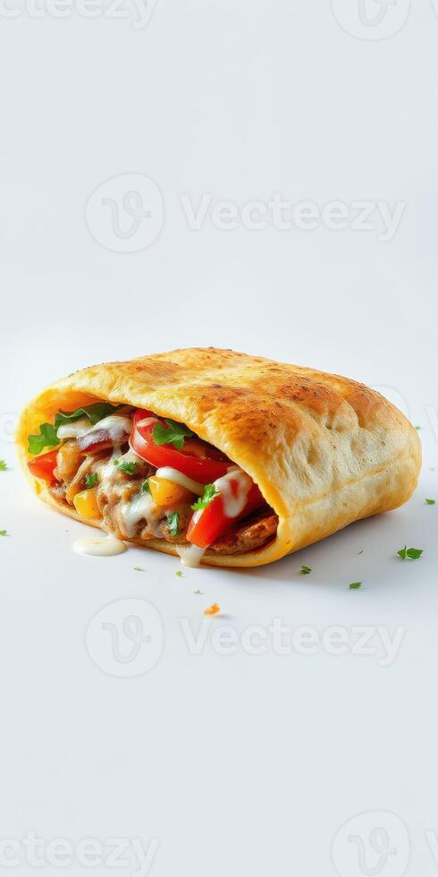 Delicious stuffed flatbread featuring fresh vegetables, savory meat, and creamy sauce on a plain background photo