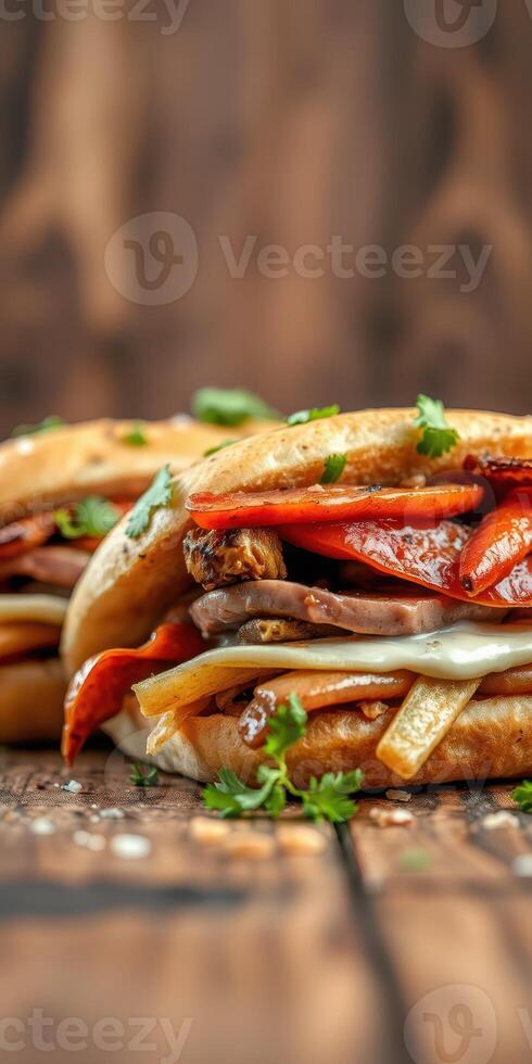 Deliciously stacked sandwiches filled with grilled meats and fresh vegetables on a rustic wooden table photo