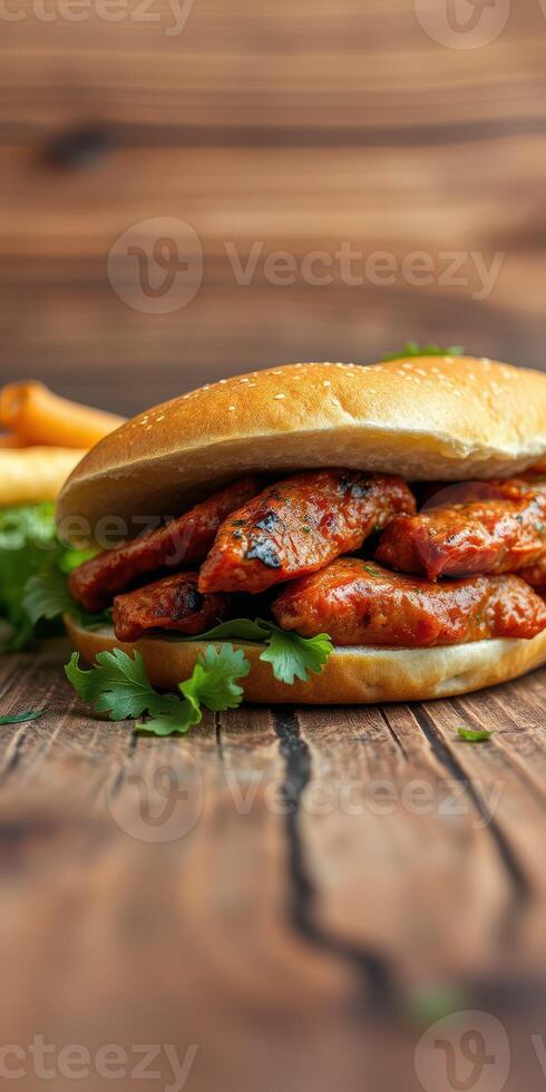 Delicious grilled chicken sandwich served with fresh cilantro and crispy fries on a rustic wooden table photo
