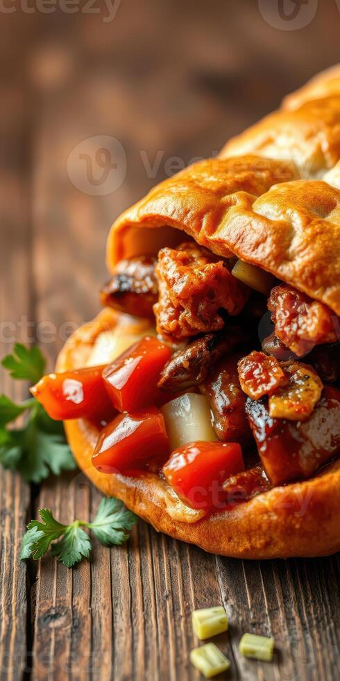 Delicious stuffed pastry filled with savory vegetables and spices on rustic wooden table photo