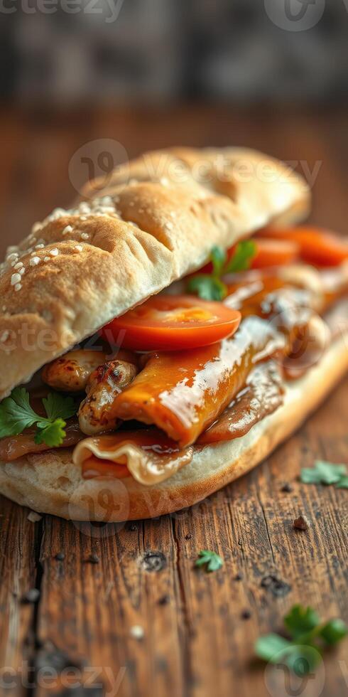 Delicious sandwich filled with savory ingredients served on a wooden table in a cozy setting photo