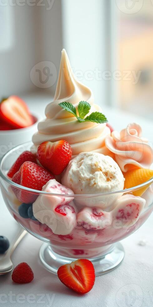 Delightful dessert bowl with fresh strawberries, creamy swirls, and a variety of ice creams at a cozy cafe photo