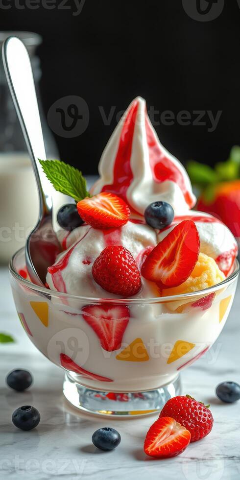 Delicious dessert bowl filled with vanilla ice cream, fresh strawberries, blueberries, and syrup presentation photo