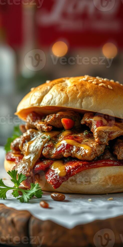 Savory meat sandwich with rich sauce and fresh toppings served on a sesame seed bun at a lively eatery photo