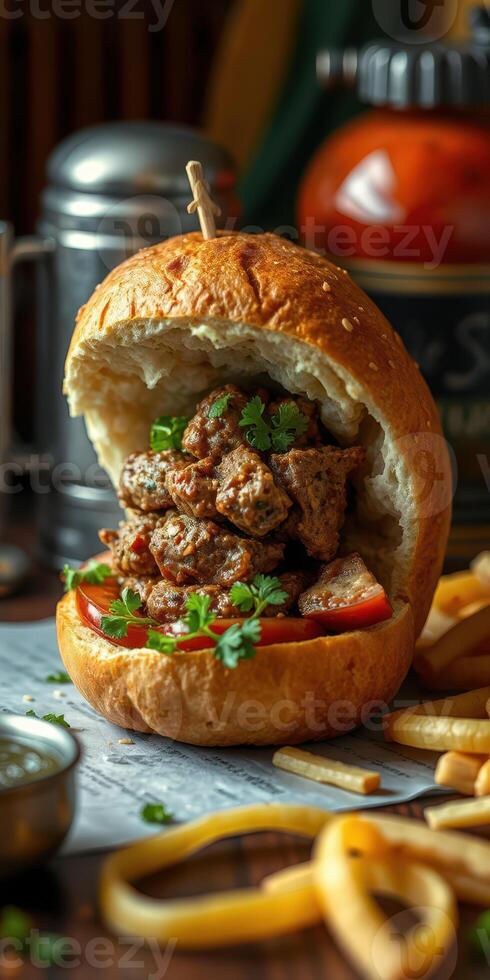 Savory sandwich with seasoned meat and fresh vegetables served alongside crispy fries photo