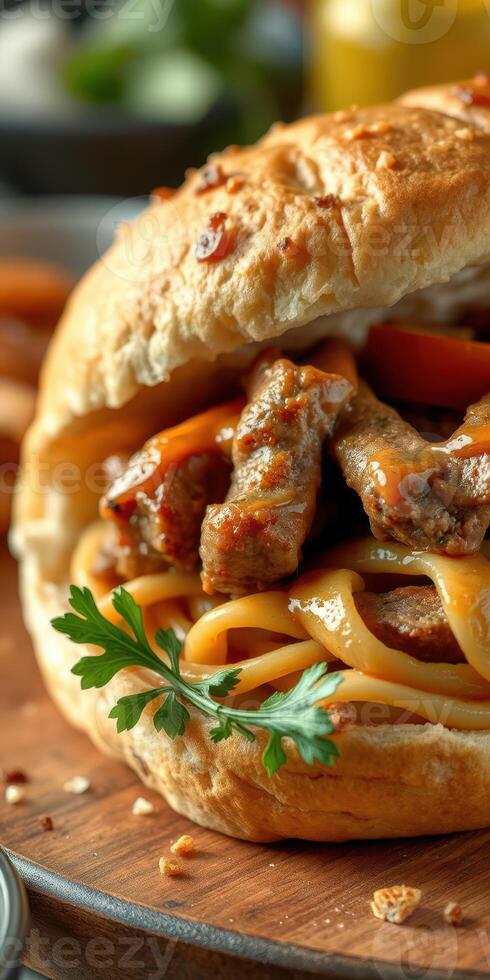 Savory sandwich with pasta and tender meat served on a wooden board in a cozy setting photo
