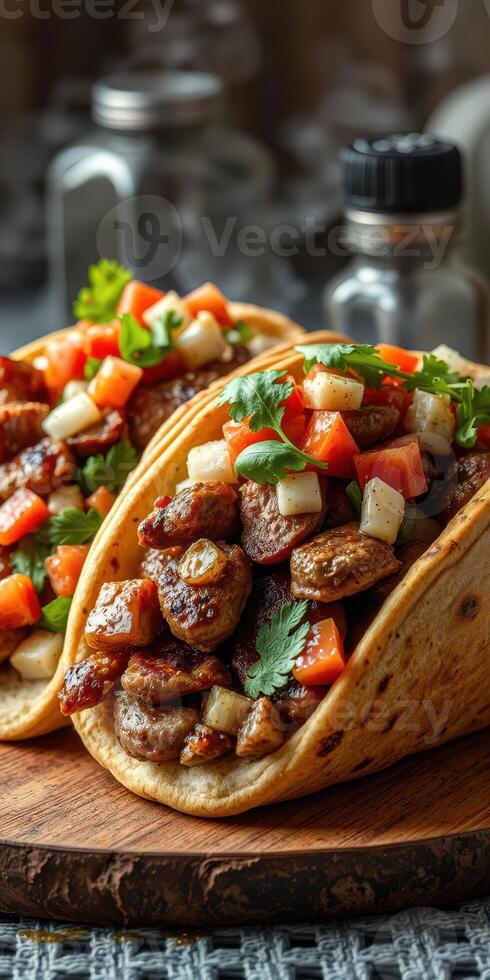 Delicious tacos filled with savory meat and fresh toppings on a wooden surface photo