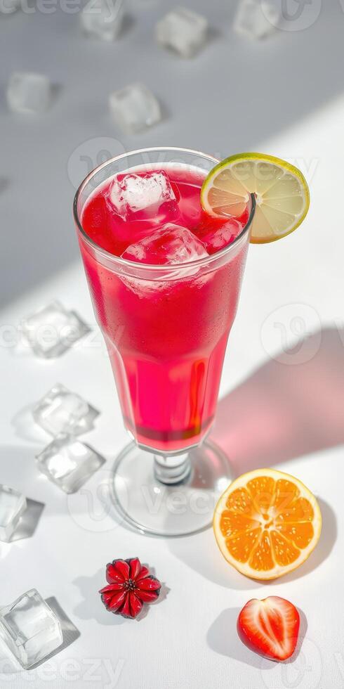 Refreshing tropical drink with ice and citrus garnishes in bright sunlight photo