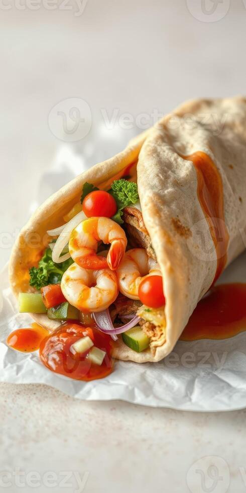 Delicious shrimp wrap filled with fresh vegetables and spicy sauce served on a light background photo