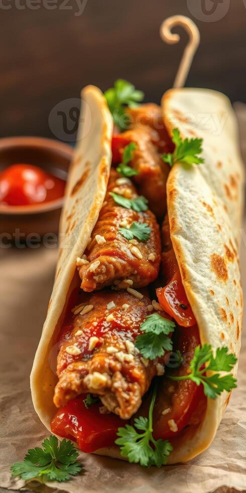 Delicious chicken wrap with fresh vegetables and sauce served in a flatbread photo