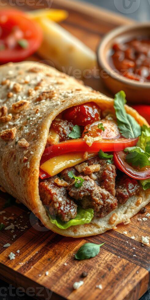 Deliciously prepared burrito filled with beef, fresh vegetables, and savory herbs on a wooden cutting board photo