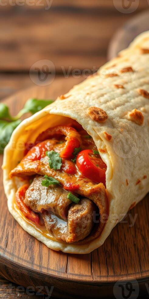 Delicious tortilla wrap filled with grilled meat, peppers, and herbs on a wooden platter photo
