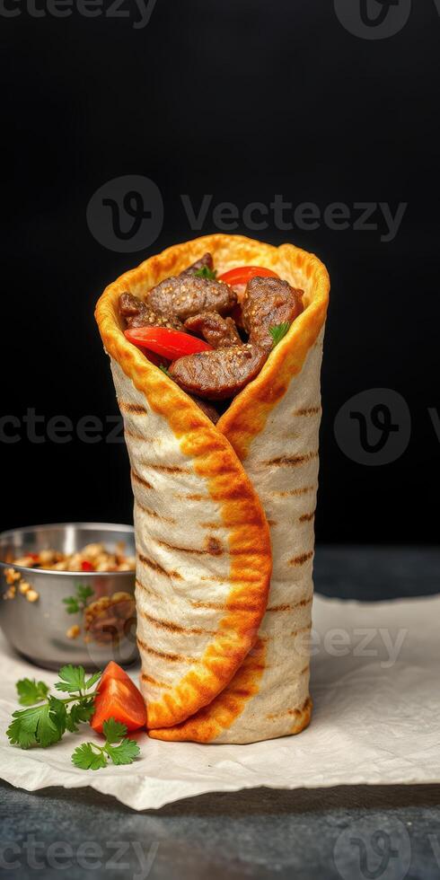 Delicious wrap filled with grilled beef, fresh vegetables, and herbs presented on a dark background photo