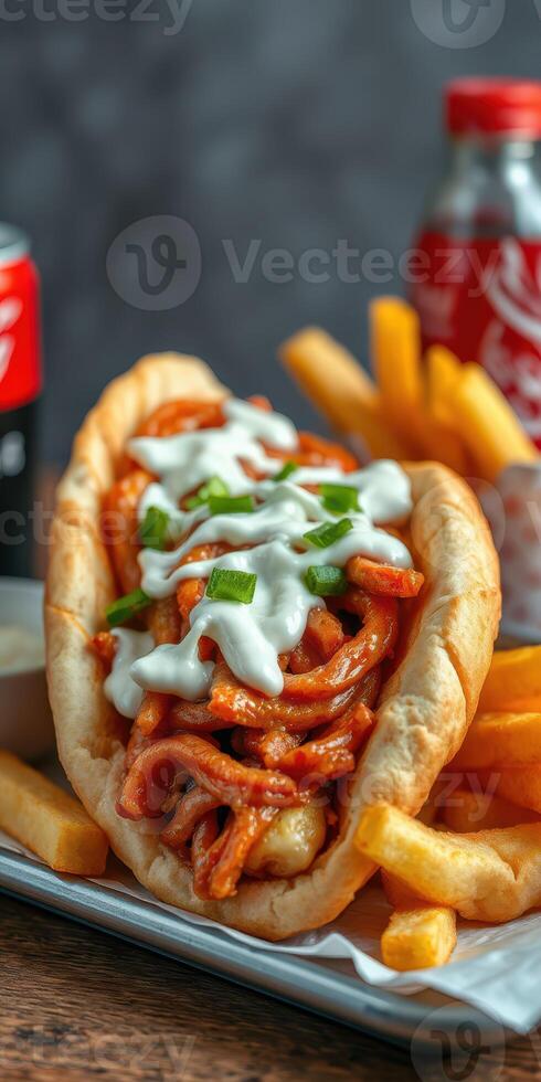 Delicious sandwich with savory filling and crispy fries served in a casual dining setting photo