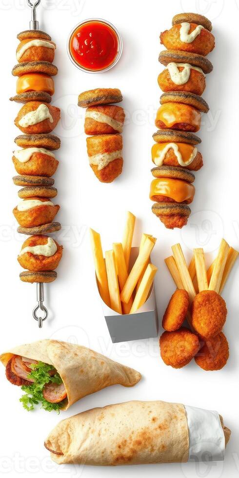 Delicious assortment of snacks including fried items and wraps presented on a clean surface photo