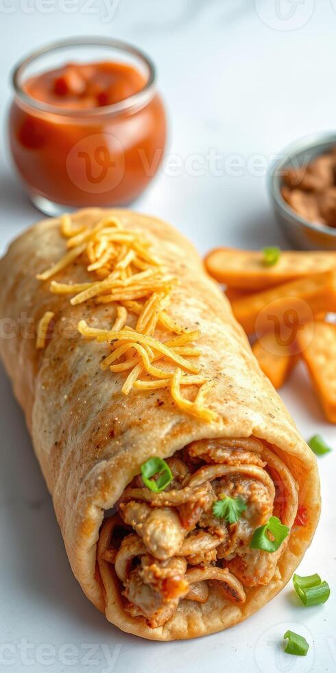 Delicious burrito with chicken, cheese, and sides served in a bright setting with salsa and crispy fries photo