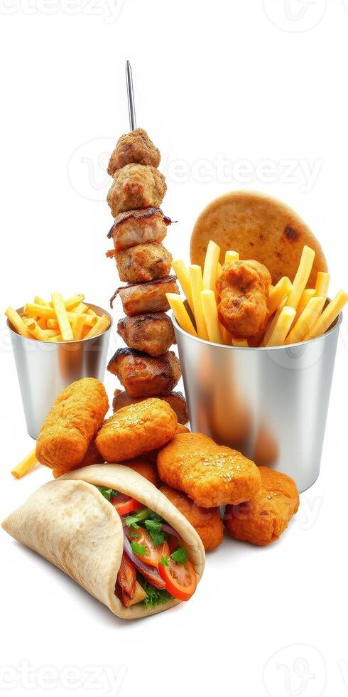 Delicious assortment of grilled meat, fried snacks, and fresh vegetables served in a vibrant presentation photo