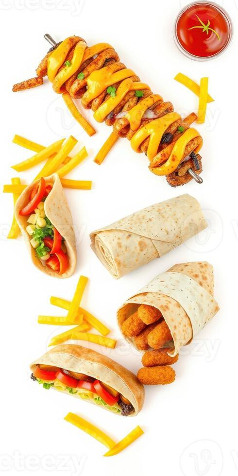 Delicious assortment of grilled skewers, wraps, and cheese sticks presented on a white background photo