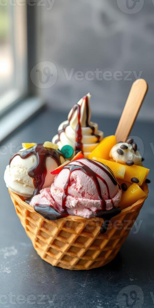 Delicious dessert bowl with assorted ice cream, fruits, and toppings in a waffle cup on a counter photo