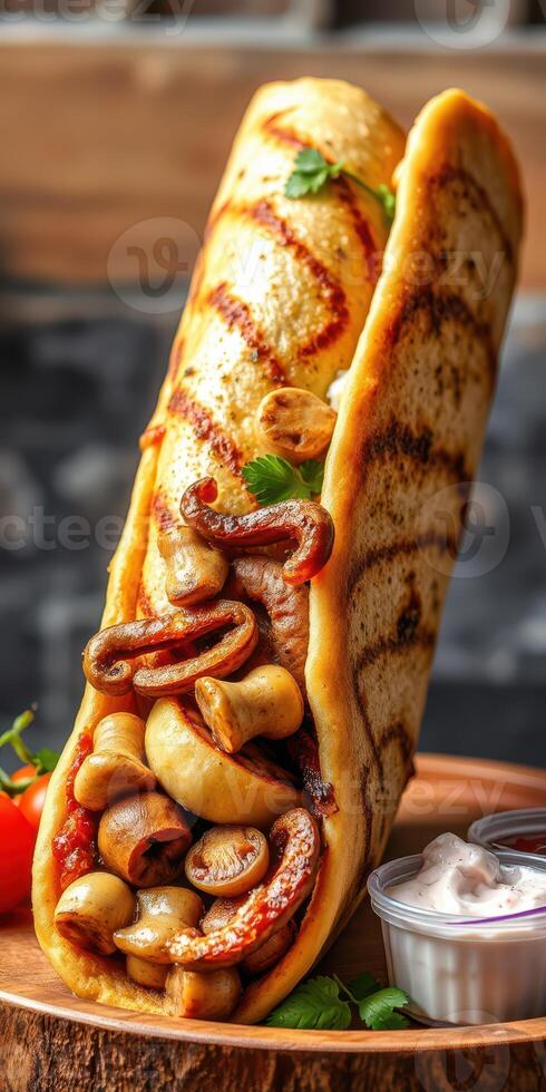 Delicious grilled wrap filled with mushrooms and cashews served with creamy sauce photo