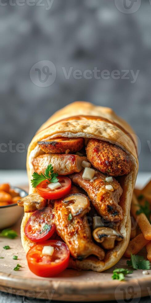 Grilled chicken wrap filled with fresh vegetables and served with fries at a casual dining spot photo