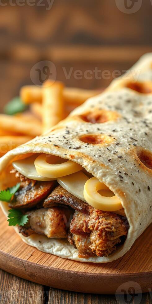 Delicious wrap filled with grilled meat and cheese served with crispy fries in a casual eatery photo